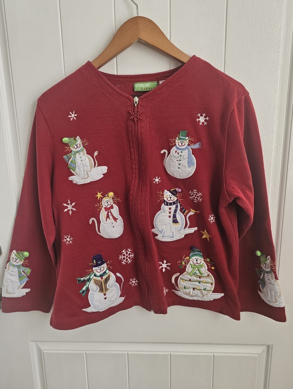 ONQUE Casuals Cat Snowmen Full Zip Christmas Sweater